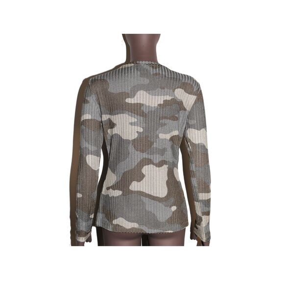 DKNY Y2K Camo Print Ribbed Long Sleeve Lightweight‎ Top Womens Small - Picture 2 of 3